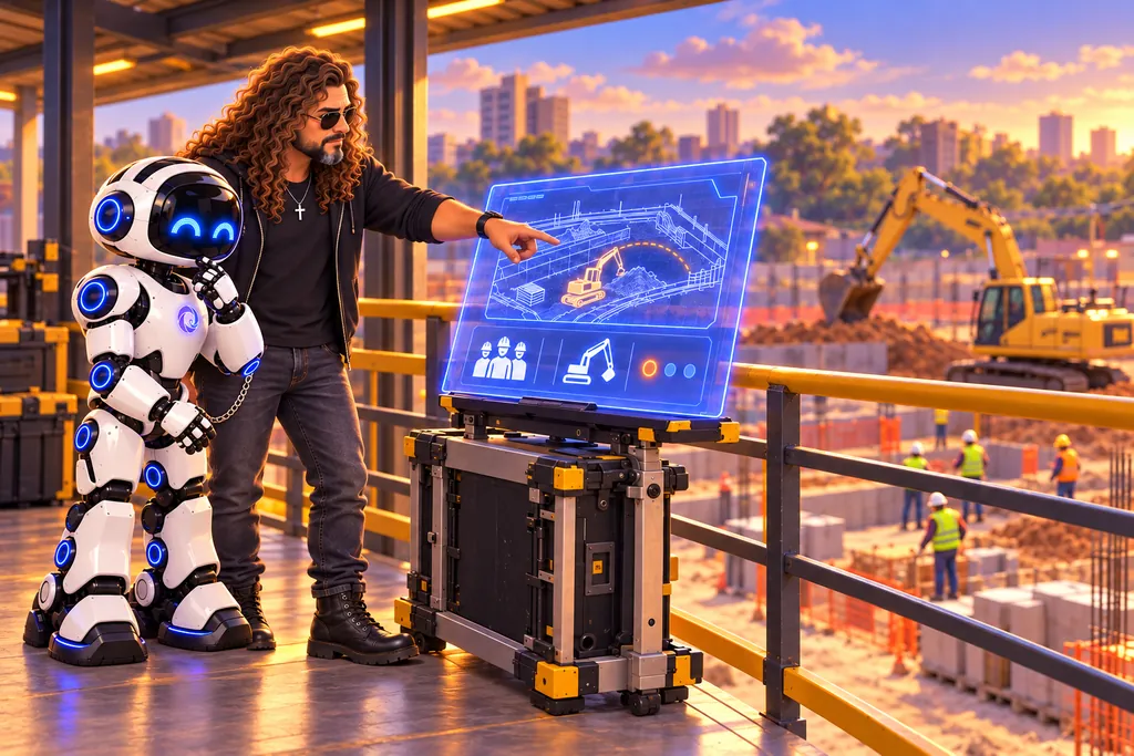 Rafael and U.A.I. analyze a work front, people and equipment on a standing holographic monitor.