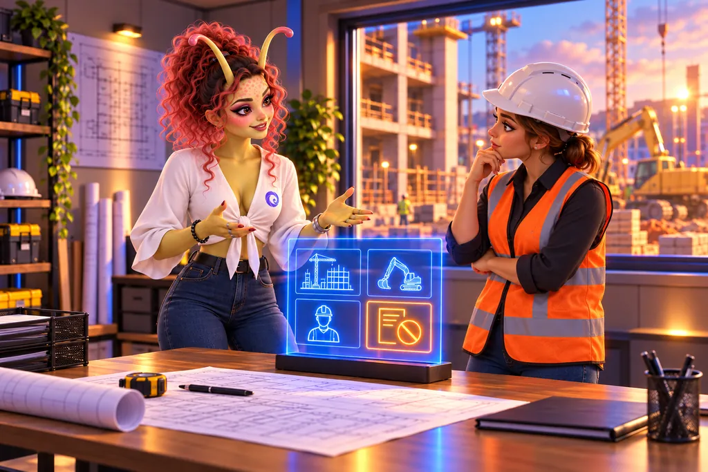 Aly talks with a site manager in front of a standing panel showing site, machine, person and blocking rule.