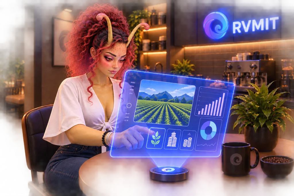 Aly consulta um painel holográfico de dados rurais