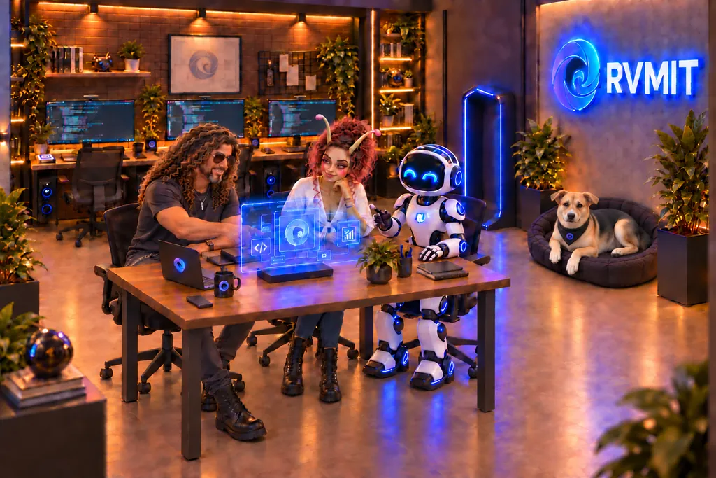 Rafael, Aly and U.A.I. collaborate on a workflow in the office; Debug rests next to the desk