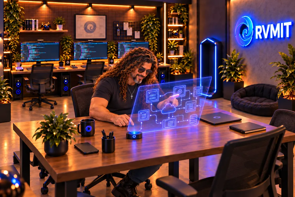 Rafael interage com um holograma de arquitetura de software
