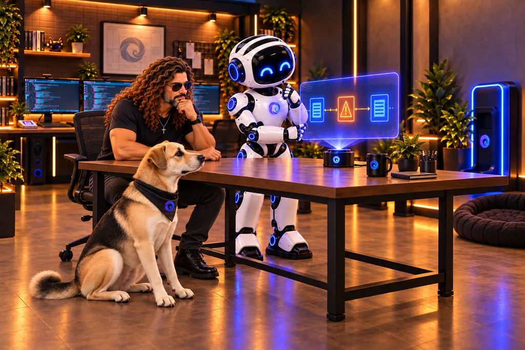 Debug, Rafael e U.A.I. observam uma exceção pausada em holograma.