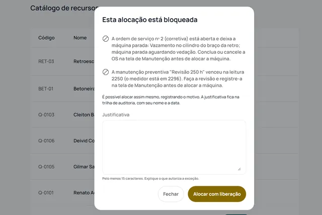 Obra em Dia modal with allocation blocked by a corrective work order and overdue preventive maintenance, using fictitious demo data.
