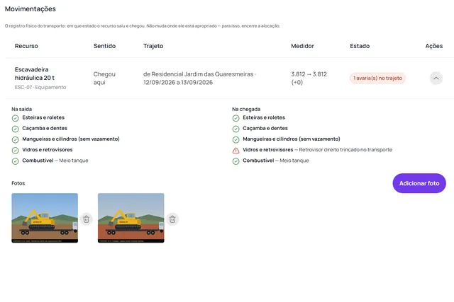 ESC-07 transfer screen between sites with departure and arrival checklists and damage to the side mirror, using fictitious demo data.